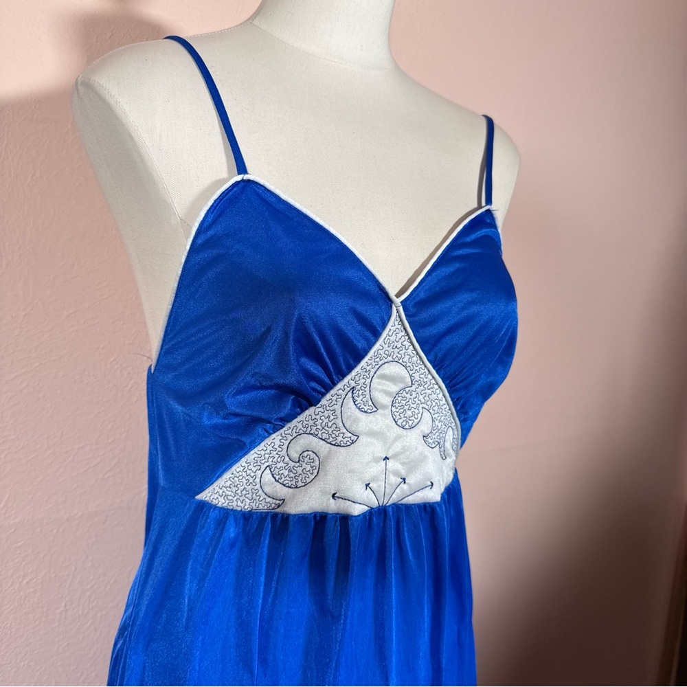 Vintage 1980 Art deco Royal Blue Long Slip Dress Nightgown - Picture 1 of 16